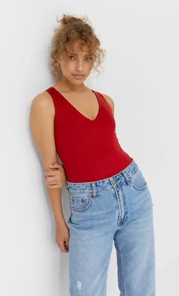 Stradivarius Боди Из Полиамида С V-Образным Вырезом Красный L