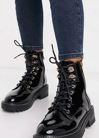 Черные лакированные ботинки для широкой стопы на шнуровке River Island-Черный цвет