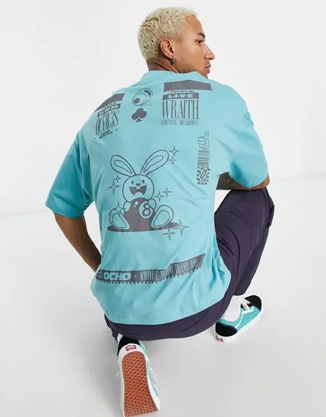 Голубая oversized-футболка с графическим принтом на спине ASOS DESIGN-Зеленый цвет