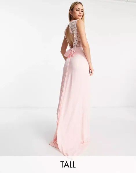 Длинное шифоновое платье подружки невесты TFNC нежно-розового цвета с фестончатым кружевом на спине