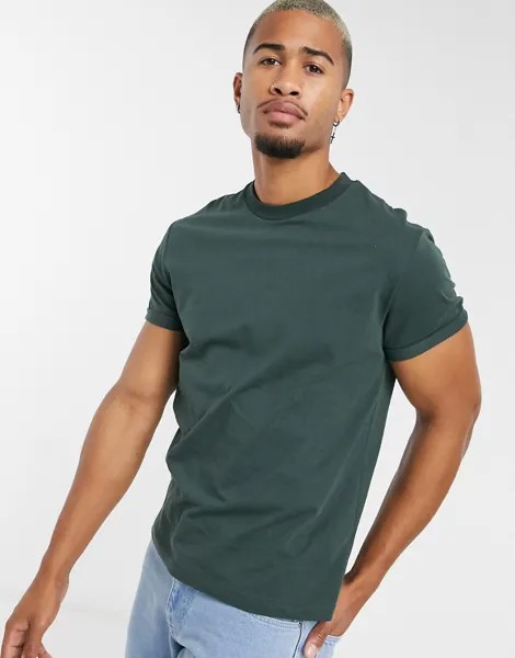 Темно-зеленая футболка с отворотами на рукавах ASOS DESIGN-Зеленый