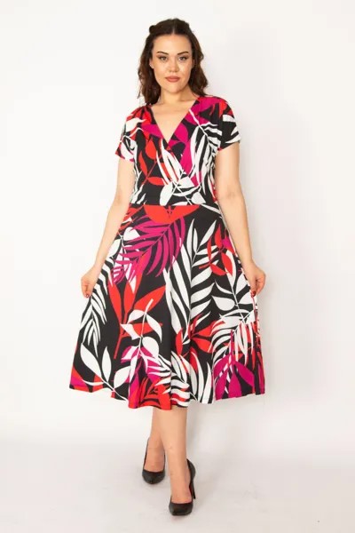 Женское платье большого размера с цветным воротником с запахом 65n33191 Şans, разноцветный