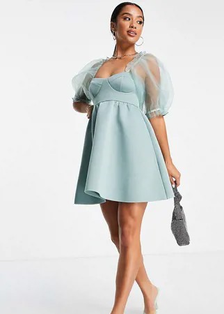 Бирюзовое платье в стиле бебидолл с пышными рукавами из органзы ASOS DESIGN Petite-Голубой