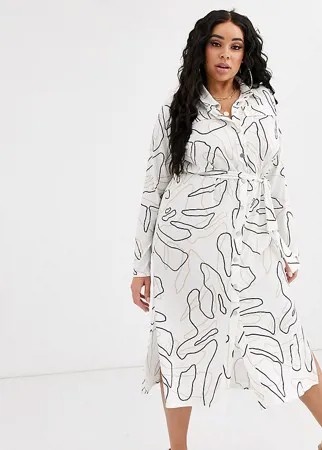 Платье-рубашка миди с принтом и поясом ASOS DESIGN Curve-Мульти