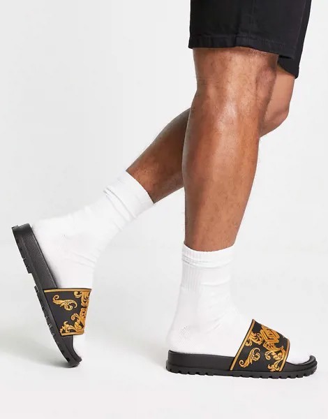 Шлепанцы с рифленой подошвой и тиснением золотистого цвета ASOS DESIGN-Черный
