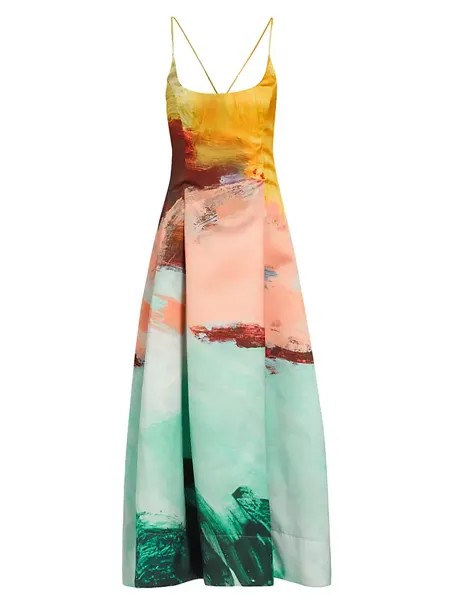 Атласное плиссированное платье с абстрактным принтом Oscar De La Renta, мультиколор