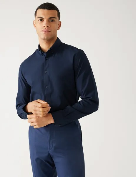 Рубашка Slim Fit Ultimate из эластичной ткани Marks & Spencer, темно-синий