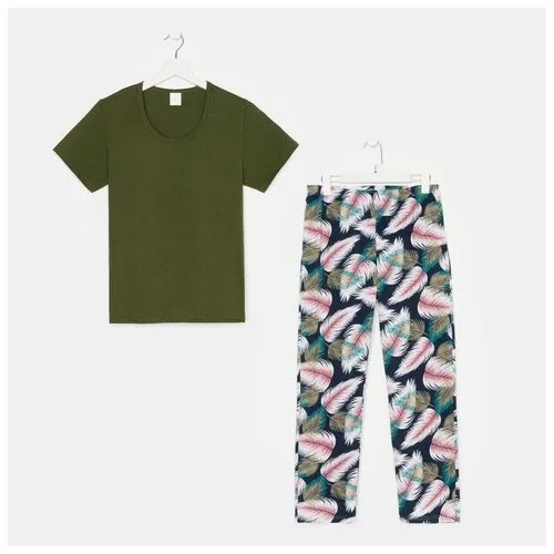 Tusi Комплект женский (футболка/брюки), цвет хаки/листья, размер 50