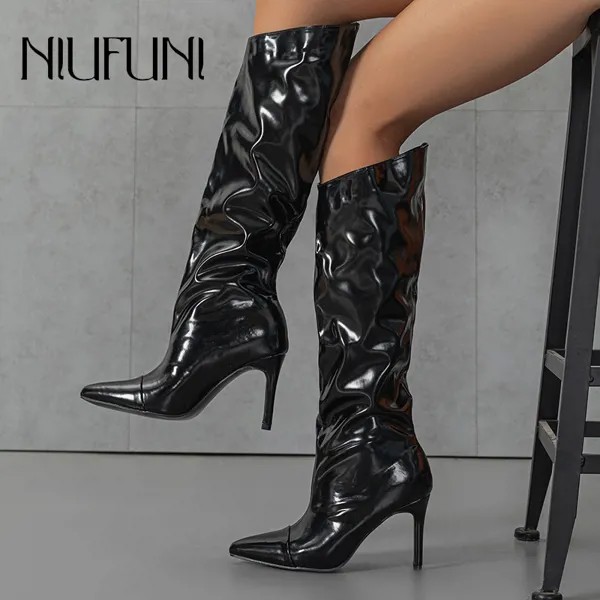 NIUFUNI 2023 плиссированные зимние остроносые лакированные однотонные женские сапоги на высоком каблуке-шпильке простые теплые сексуальные гла...