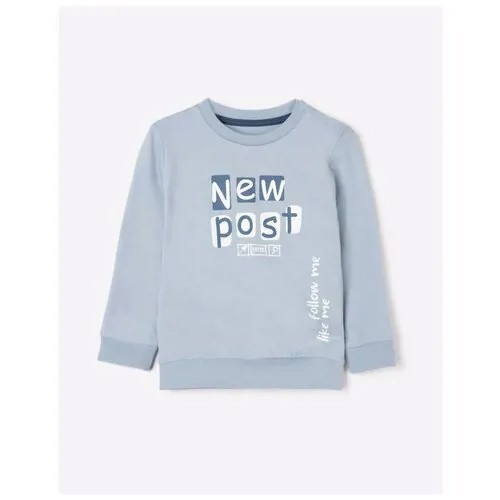 Голубой лонгслив с принтом New post для мальчика Gloria Jeans, размер 2-3г/98