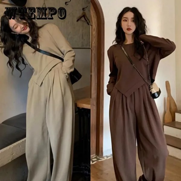 2PCS Ретро костюм Женский осень и зима Повседневный Ленивый Ветер Свитер + Широкие ноги Брюки Две части Девушки Спортивная одежда Свободные спортивные костюмы для бега трусцой