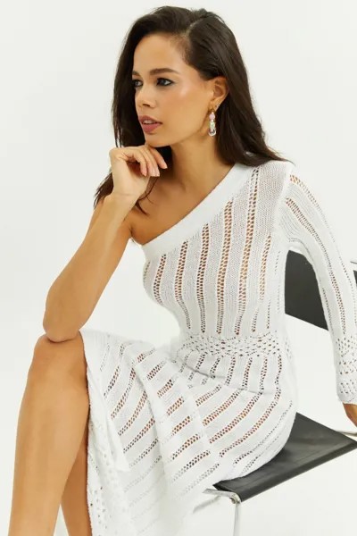 Женское белое ажурное трикотажное платье макси с одним рукавом Cool & Sexy, белый
