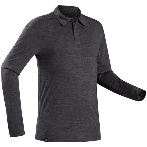 Рубашка-поло с дл. рукавами из шерсти мериноса для треккинга мужская TRAVEL 500, размер: L, цвет: Черный FORCLAZ Х Decathlon