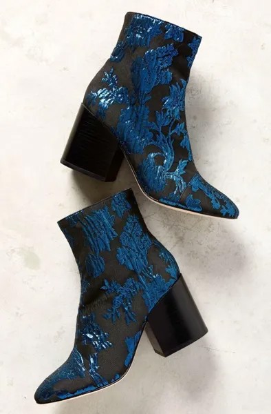 Сапоги NIB Anthropologie из ткани с цветочным принтом, черно-синие, с металлизированной молнией на блочном каблуке 8 325 долларов США