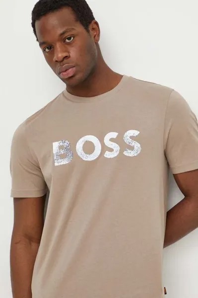 Хлопковая футболка Boss Orange, бежевый