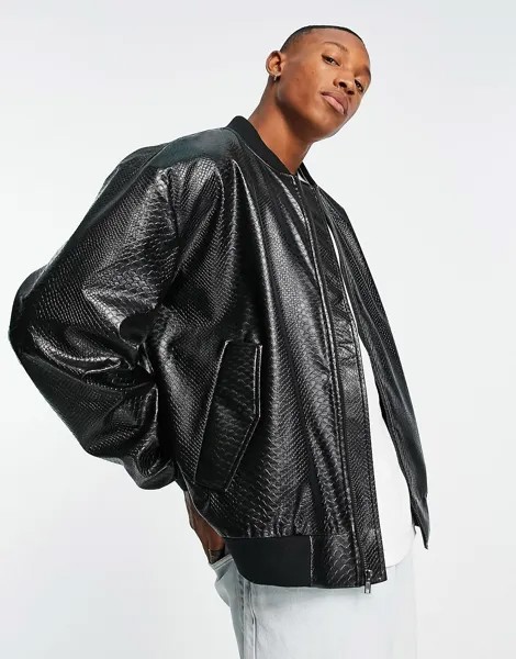 Черная куртка-бомбер оверсайз из искусственной кожи с эффектом змеи ASOS DESIGN