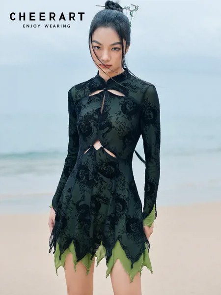 Дизайнерское винтажное зеленое облегающее мини-платье CHEERART, женские Асимметричные туники с длинным рукавом, ажурное платье-трапеция, одежда 2023