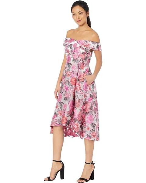 Платье Adrianna Papell High-Low Off-the-Shoulder Jacquard Midi Dress, цвет Pink Multi
