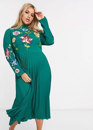 Зеленое платье миди с плиссировкой и вышивкой ASOS DESIGN Curve-Зеленый цвет