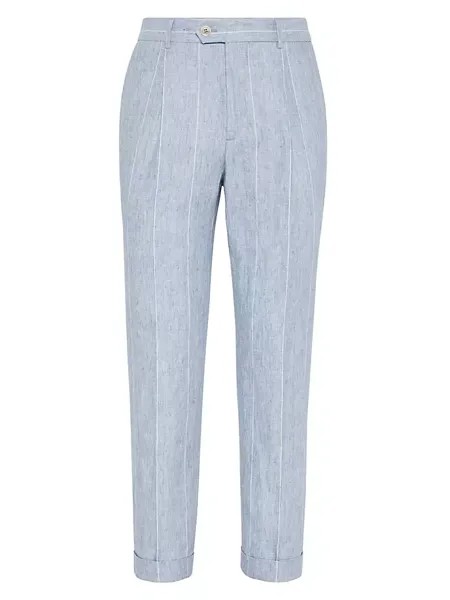 Льняные брюки свободного кроя в широкую меловую полоску со складками Brunello Cucinelli, цвет sky blue