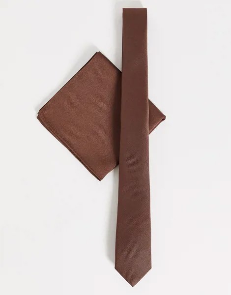 Шоколадно-коричневый узкий галстук и нагрудный платок ASOS DESIGN-Коричневый цвет