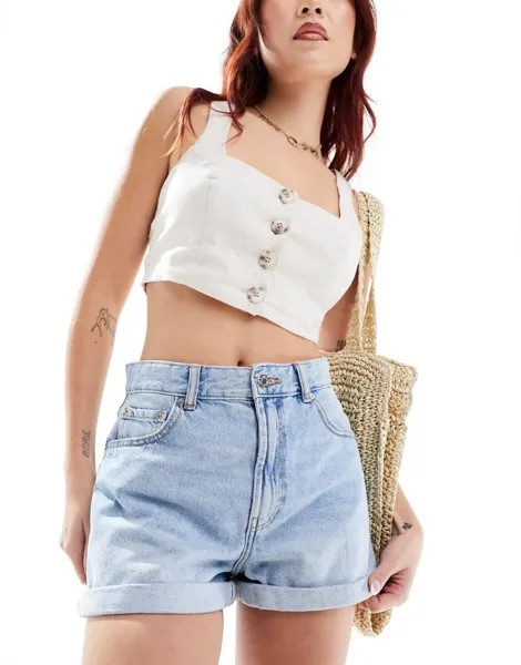 Голубые джинсовые шорты Mom с завышенной талией Pull&Bear