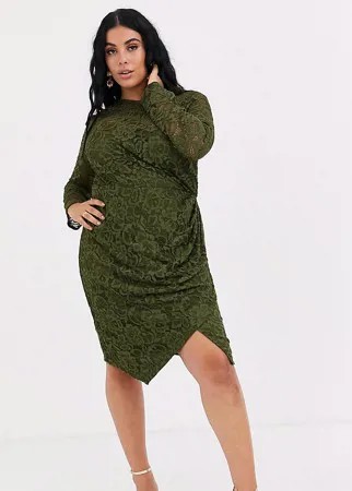 Платье мини оливкового цвета с длинными рукавами Paper Dolls Plus-Зеленый