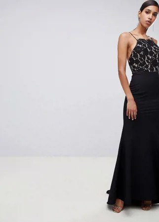 Черное платье макси с годе, кружевным топом и открытой спиной Jarlo-Черный цвет