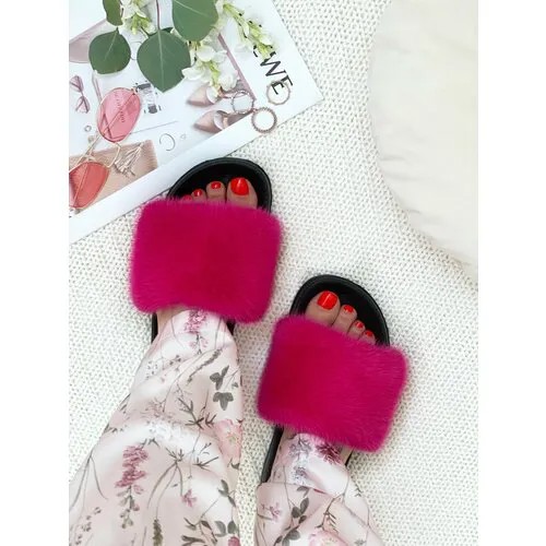 Тапочки Лапки Кошки Тапочки летние женские из натуральной норки, размер 40, розовый