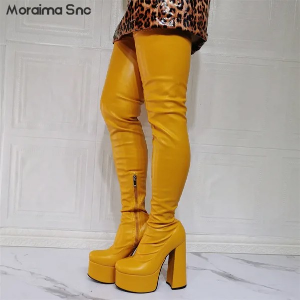 Сапоги выше колена на толстом высоком каблуке, однотонные, с круглым носком, пикантные модные ботфорты, желтые, большие размеры