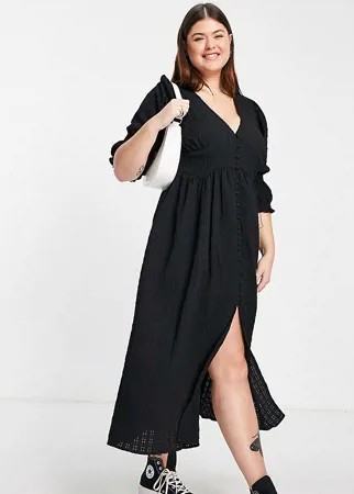 Фактурное чайное платье миди черного цвета на пуговицах ASOS DESIGN Curve-Черный цвет
