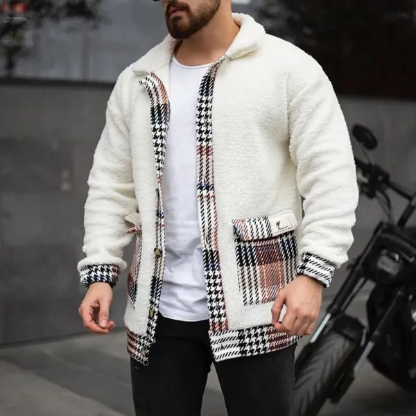 Мужская модная флисовая куртка-кардиган с цветными блоками в ломаную клетку