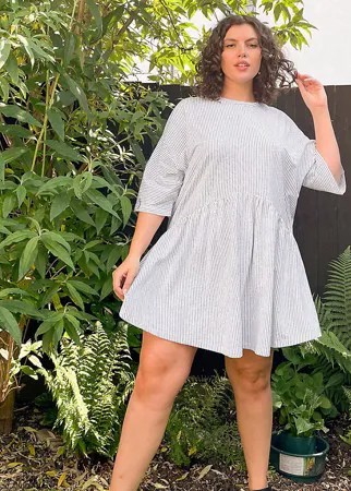 Oversized-платье мини с присборенной юбкой и заниженной талией в черно-белую полоску ASOS DESIGN Curve-Черный цвет