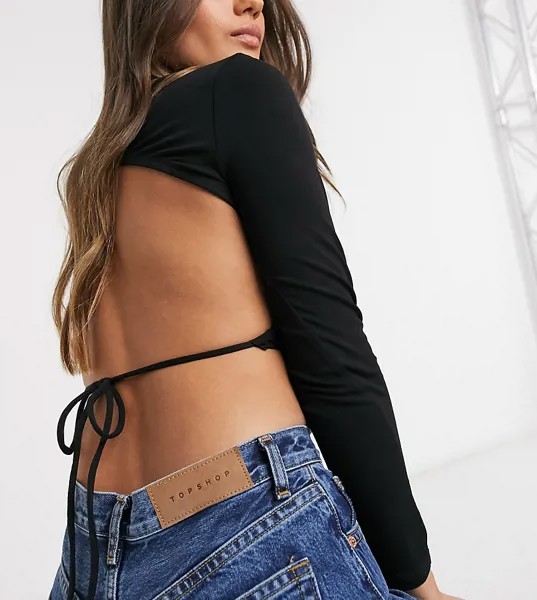 Лонгслив с открытой спиной и поясом ASOS DESIGN Petite-Черный цвет