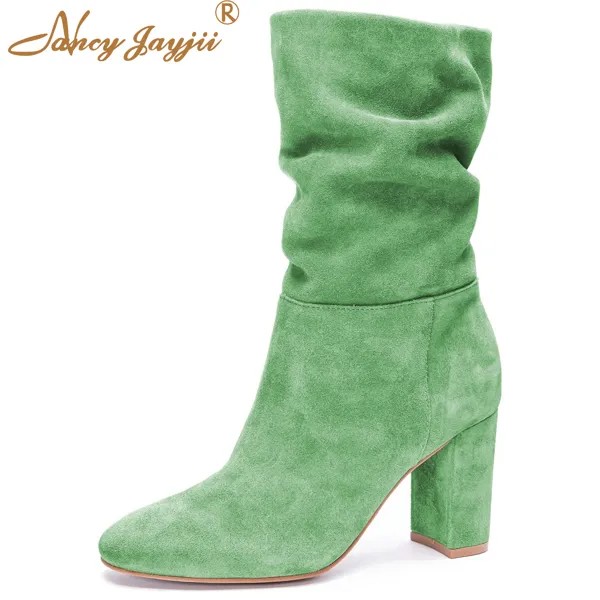 Nancyjayjii зеленые флоковые плиссированные женские сапоги до середины икры 2022 зимние ретро короткие сапоги на блочном каблуке с круглым носком ...