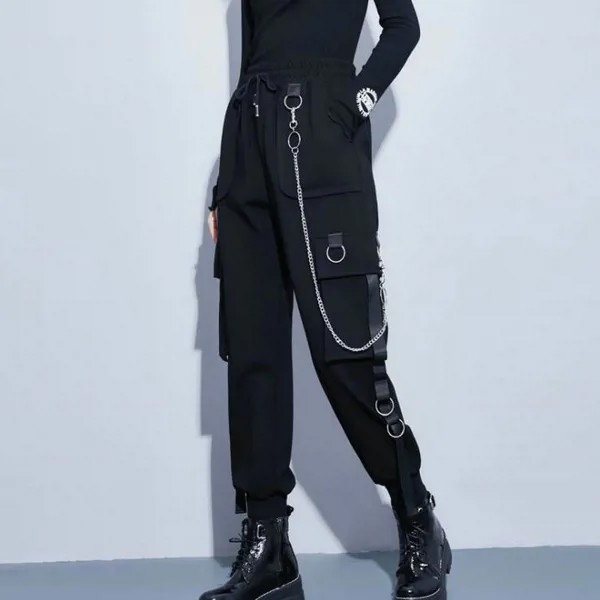 Уличная одежда Брюки-карго Женщины Повседневные бегуны Черный Высокий талия Свободные женские брюки Корейский стиль Брюки