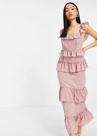 Розовое платье макси с оборками Missguided Petite-Розовый цвет