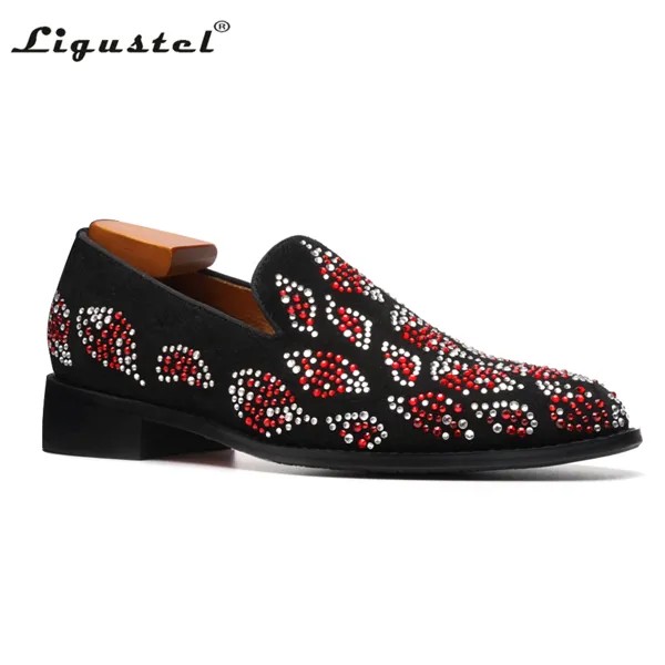Ligustel мужские лоферы Стразы красные ботинки для мужчин оригинальные высококачественные роскошные свадебные вечерние слипоны на красной подошве повседневная обувь