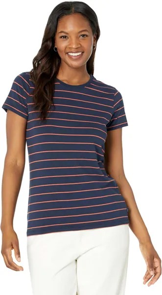 Мягкая эластичная футболка Supima с круглым вырезом в полоску и короткими рукавами L.L.Bean, цвет Classic Navy/Chili