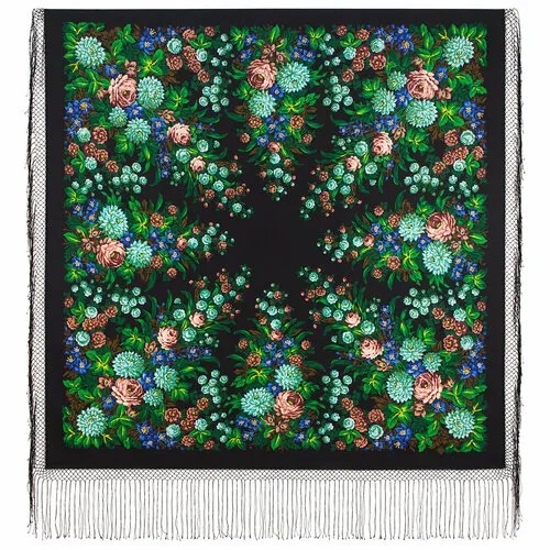 Платок Павловопосадская платочная мануфактура,148х148 см, черный, зеленый