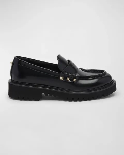 Кожаные лоферы Rockstud на подошве с ушками Valentino Garavani, цвет Nero