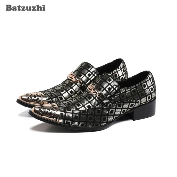 Туфли Batzuzhi мужские кожаные, Роскошные туфли ручной работы, заостренный носок, металлический носок, классические, деловые/вечерние, 38-46