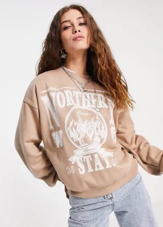 Бежевый свитшот с высоким воротом и принтом со слоганом Bershka-Светло-бежевый цвет