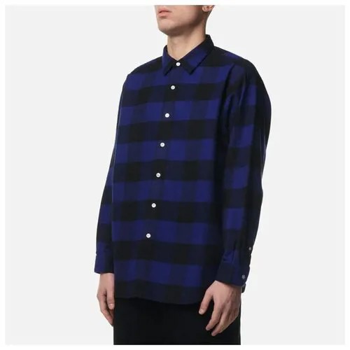 Мужская рубашка uniform experiment Baggy Logo Regular Collar Flannel Block Check синий, Размер M