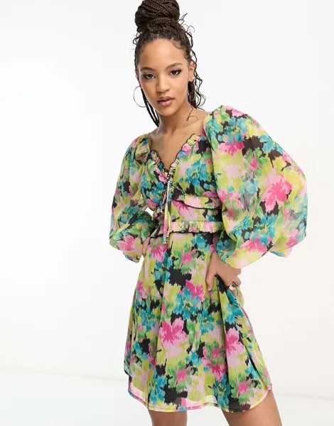 Шифоновое мини-платье Miss Selfridge Frill Detail Tiered In Bright Blurred Floral, мультиколор
