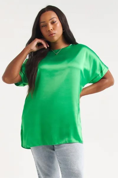 Зеленая атласная блузка с рюшами на рукавах и коробчатым кроем Simply Be, зеленый