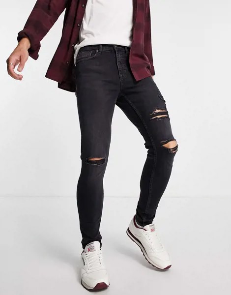 Черные выбеленные джинсы зауженного кроя с очень рваной отделкой New Look-Голубой