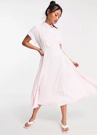 Розовое платье-рубашка миди с короткими рукавами и стеклянными пуговицами Closet London-Розовый цвет