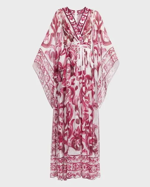 Шифоновое платье макси с запахом и принтом майолика Dolce&Gabbana