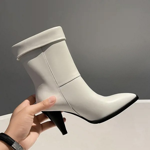 Зимние ботинки для девочек 2022 белые ботильоны Корейская версия женские ботинки на высоком каблуке с рукавом трендовые элегантные остронос...